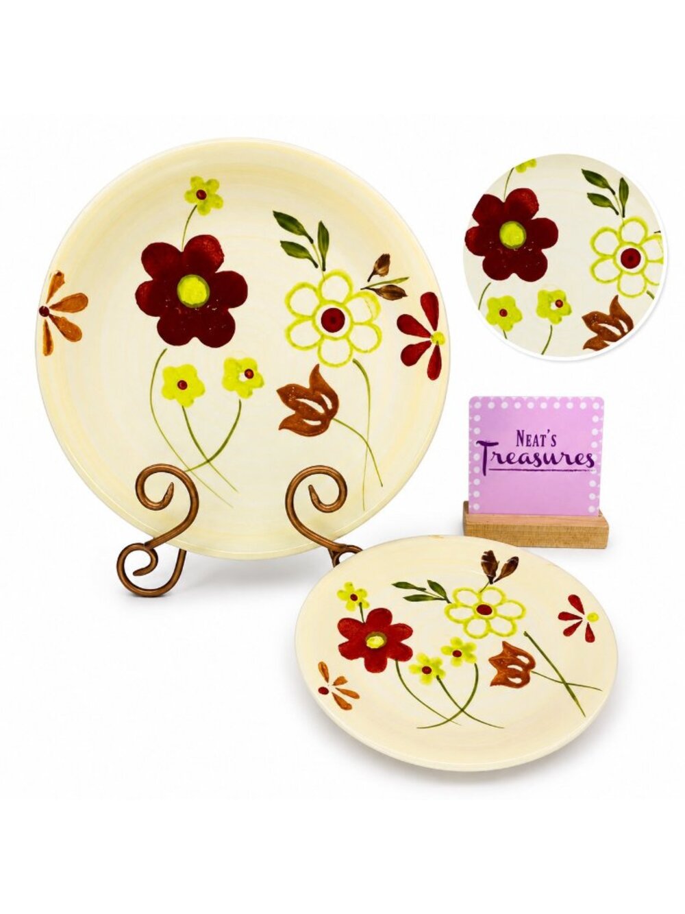 Gibson GID438 Retro 70's Color Floral Ceramic Beige Dinner Plate & Salad Plate